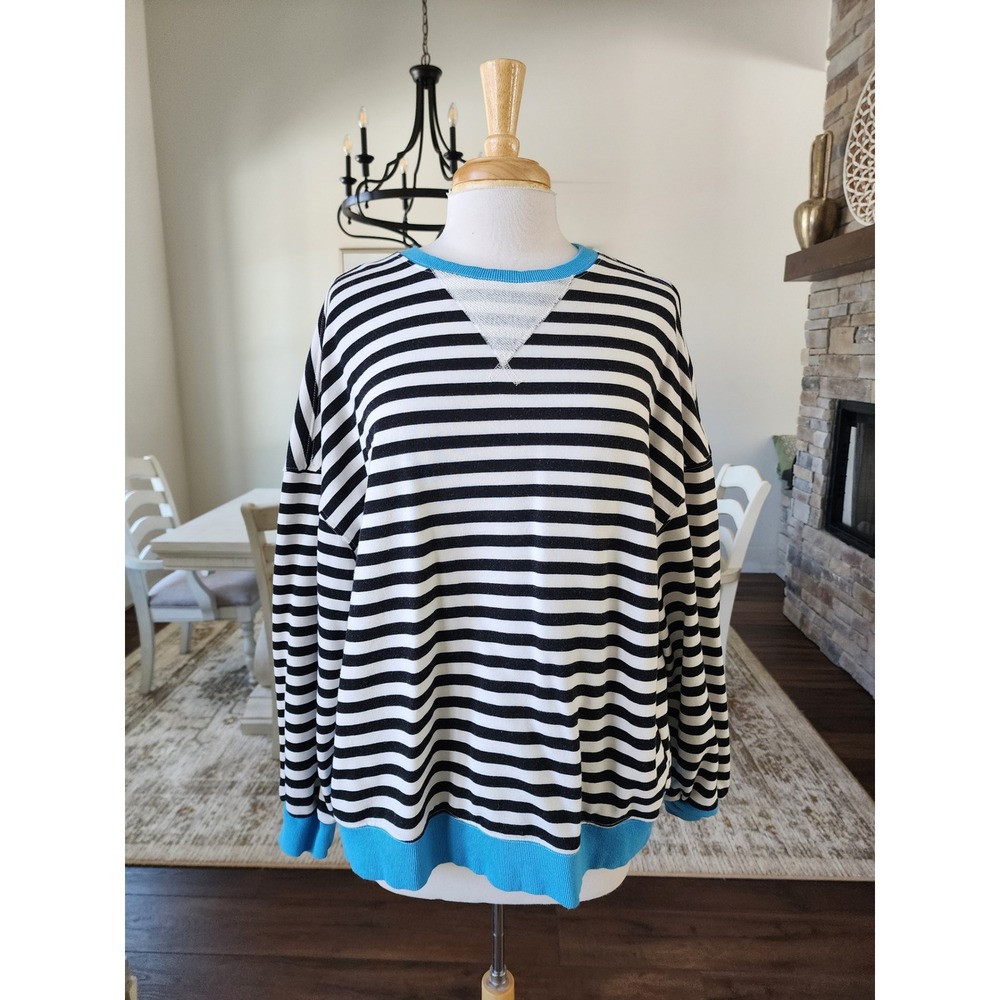 Classic Black White Striped Crew Neck Sweatshirt Pullover Top Women's X‎ Large